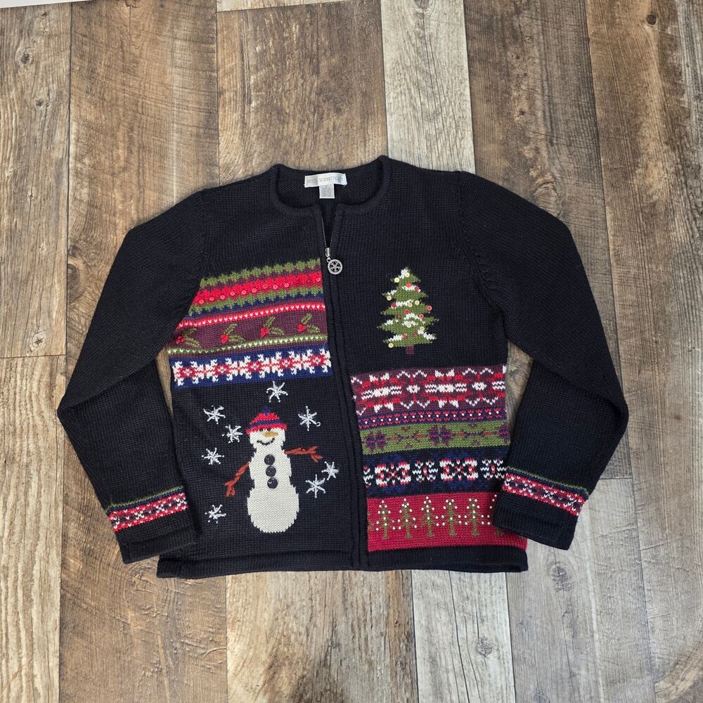 Vintage 90s Christmas Zip Cardigan Sweater Novelty Size Small Wool Blend Nordic